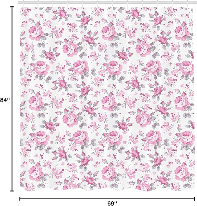 Ambesonne Shabby Flora Shower Curtain, Pink Roses with Grey Leaves Garden Bedding with Plants and Spring Blossoms Work of an Art, Cloth Fabric Bathroom Decor Set with Hooks, 69" W x 84" L, Light Pink