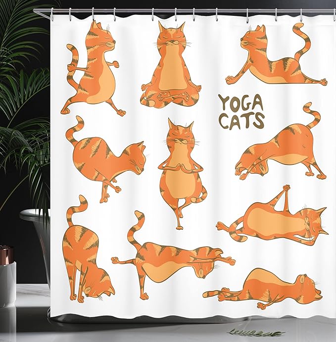 Ambesonne Cat Shower Curtain, Cats Doing Funny Fitness Exercises and Flexibility Position Sports Stretch Gymnastics, Cloth Fabric Bathroom Decor Set with Hooks, 69" W x 75" L, White Orange