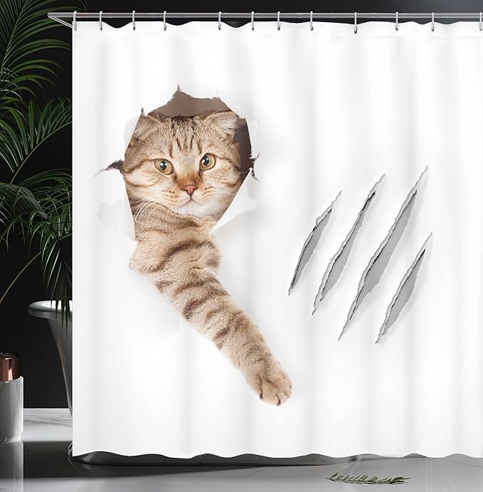 Ambesonne Animal Shower Curtain, Funny Cat in Hole with Claw Scratches Playful Kitten Pet Picture, Cloth Fabric Bathroom Decor Set with Hooks, 69" W x 84" L, White Brown