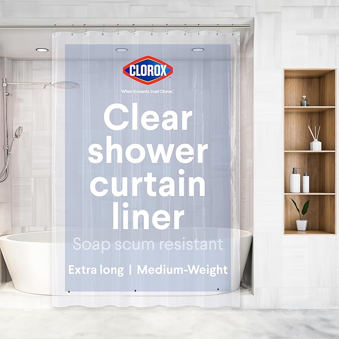 Clorox Shower Curtain Liner, Premium Medium-Weight Durable Waterproof 6g PEVA for Bathroom with Weighted Magnets, Extra Long 72" x 96", Clear 1 Pack