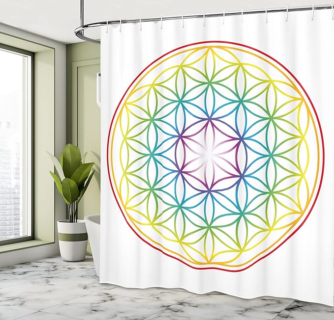 Ambesonne Colorful Shower Curtain, Flower of Life Pattern Radiant Colors Cosmic Dimension Space Forms Print, Cloth Fabric Bathroom Decor Set with Hooks, 69" W x 84" L, White Plum Earth Yellow