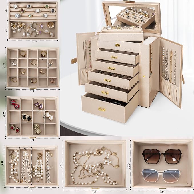 AKOZLIN 6-Tier Jewelry Box Organizer Functional 5 Drawers Leather Jewelry Storage Case for Women Girls Ring Necklace Earring Bracelet Holder Organizer with Mirror Extra Large Champagne
