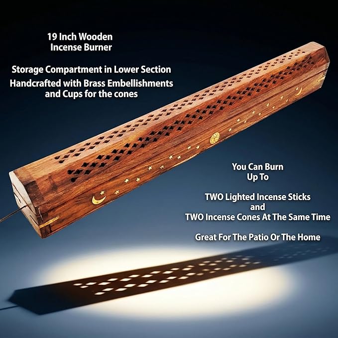19” Long Dual Incense Holder for Sticks & Cones, Large Handcrafted Wood and Brass Ash Catcher with Storage, Gothic Home Decor for Meditation, Yoga, Altar, Antique, Witchy Decor (Natural Wood)