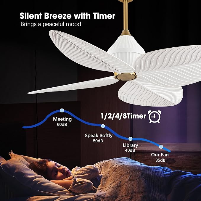 52" Tropical Ceiling Fans, Flush Mount Palm Leaf Ceiling Fan no Light, Indoor Ceiling Fans Without Light for Living Room Bedroom Kitchen Covered Gazebo, APP and Remote Control-White Gold