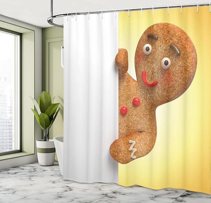 Ambesonne Gingerbread Man Shower Curtain, Gingerbread Man Holding a White Page Funny Xmas Character Print, Cloth Fabric Bathroom Decor Set with Hooks, 69" W x 84" L, Multicolor