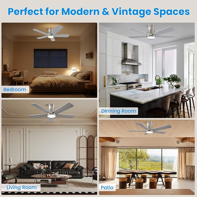 42 Inch Low Profile Ceiling Fan with Light, Burshed Nickel Ceiling Fans with Lights and Remote, Flush Mount, 6 Speeds Quiet DC, 3CCT Dimmable, Indoor Outdoor Ceiling Fans for Patios Bedroom