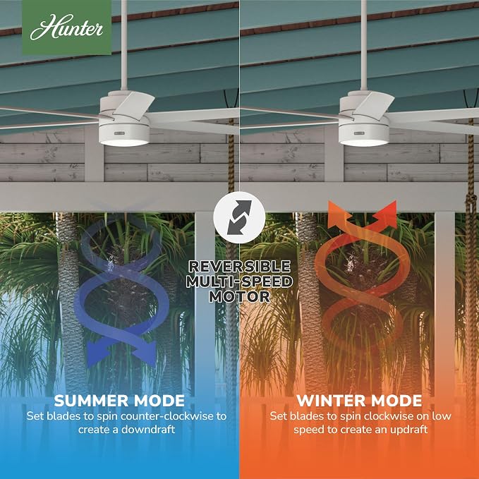 Hunter Solaria, Outdoor or Indoor, Ceiling Fan, Quiet, 72 inch, Fresh White | with LED Light, Standard Mount, Wall Control, 6 Blades, For Patio, Porch, Garage, 51477