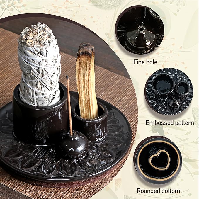 4 in 1 Incense Burner Holder, Palo Santo Sticks Holder, Ceramic Incense Holder Dish, Palo Santo Burner Chimney, Sage Bundle Smudge Bowl(Black)