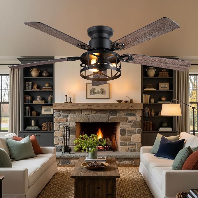 JSAITEE 52in Flush Mount Farmhouse Ceiling Fan with Lights, Caged | Low Profile Fan Light with E12 Base(Bulbs Not Included), 6 Speeds Adjustable&Timer, Rustic Lighting Fan for Indoor/Outdoor