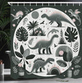 Ambesonne Dinosaur Shower Curtain, Dreamy Exotic Monstera Leaves and Jurassic Animals with Flowery Joy, Cloth Fabric Bathroom Decor Set with Hooks, 69" W x 75" L, Grey Teal Off White Rose