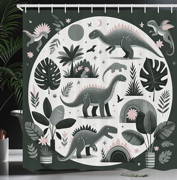 Ambesonne Dinosaur Shower Curtain, Dreamy Exotic Monstera Leaves and Jurassic Animals with Flowery Joy, Cloth Fabric Bathroom Decor Set with Hooks, 69" W x 75" L, Grey Teal Off White Rose