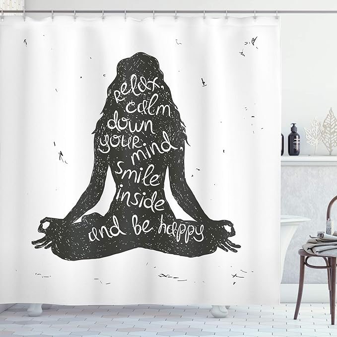 Ambesonne Yoga Shower Curtain, Relax Calm Down Smile Be Happy Typography Poster Woman Silhouette Sitting Yoga, Cloth Fabric Bathroom Decor Set with Hooks, 69" W x 75" L, Green White