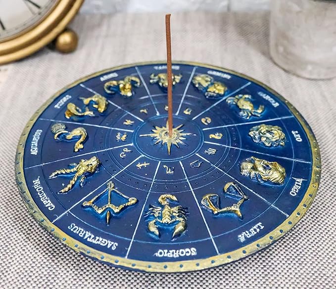Ebros Gift Blue Ancient Greek Astrological Horoscopes Zodiac Constellations with Sun and Moon Decorative Incense Holder Burner Figurine 6.5" Diameter Home Aromatherapy Accessory