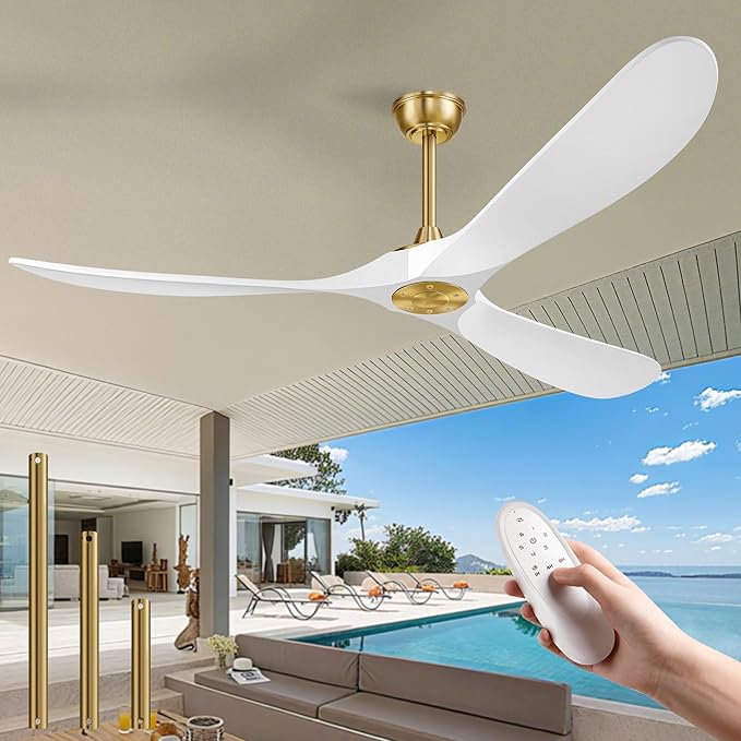 Haipeel 60" Wood Ceiling Fan no Light, 60 Inch Ceiling Fans without Lights with Remote Control, Indoor Outdoor Ceiling Fan no Light for Bedroom Porch Modern Propeller 3 Blade ETL DC Motor, White Gold