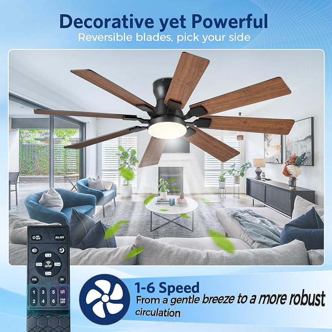 JSAITEE 52Inch Ceiling Fan with Lights, Flush Mount Low Profile, Brown | Ceiling Fans,DC Reversible Motor Noiseless, 3CCT Dimmable, Dual Finish, 6 Speeds Ceiling Fan for Indoor/Outdoor