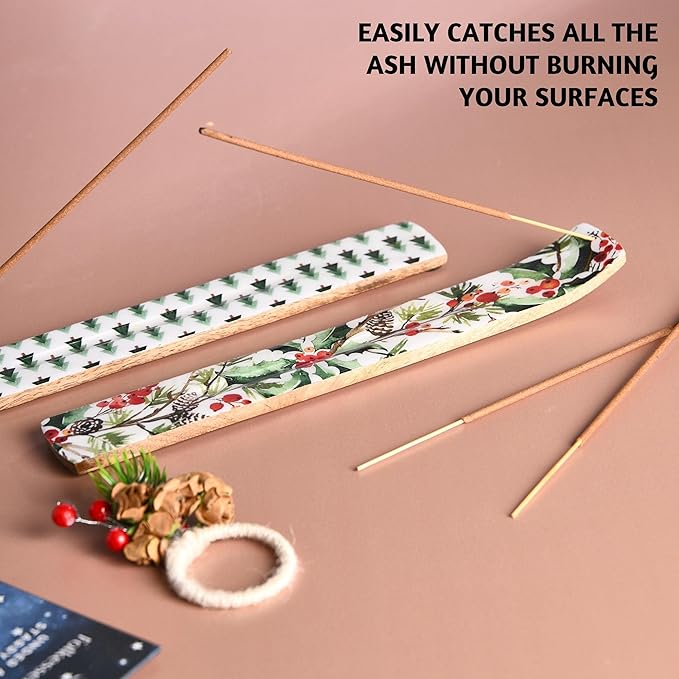 Folkulture Set of 2 Incense Holder or Incense Burner, 10 Inch Modern Insence Holder for Sticks, Wooden Ash Catcher for Christmas Decorations, Insenses Holder - Mango Wood, Seasons