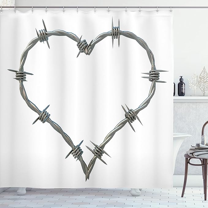 Ambesonne Barbed Wire Shower Curtain, Barbed Wire Heart Shape Twisted Security Safety Themed Illustration Print, Cloth Fabric Bathroom Decor Set with Hooks, 69" W x 70" L, Grey Cream