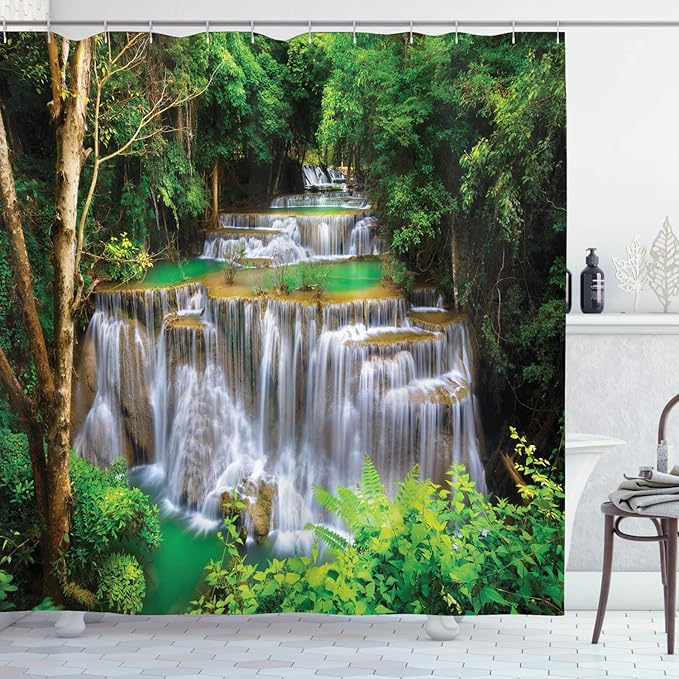 Ambesonne Waterfall Shower Curtain, View of Waterfall in Kanjanaburi Stream Crossing Forest, Cloth Fabric Bathroom Decor Set with Hooks, 69" W x 70" L, Green Pale Coffee White