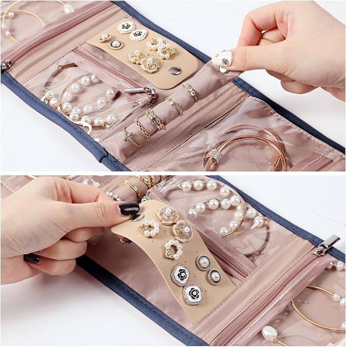 BELALIFE Travel Jewelry Case Organizer, Small Foldable Storage Roll for Earrings, Necklaces, Rings, Bracelets, Brooches, Blue-Gray | Bag with foldable roll design for earrings, necklaces, rings, bracelets and brooches,Blue-Grey