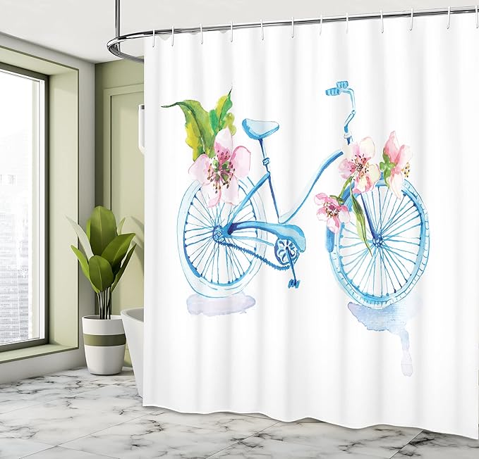 Ambesonne Bicycle Shower Curtain, Grungy Inspired Watercolors Textured Bicycle with Orchids Romantic Vehicle, Cloth Fabric Bathroom Decor Set with Hooks, 69" W x 70" L, Pink Blue