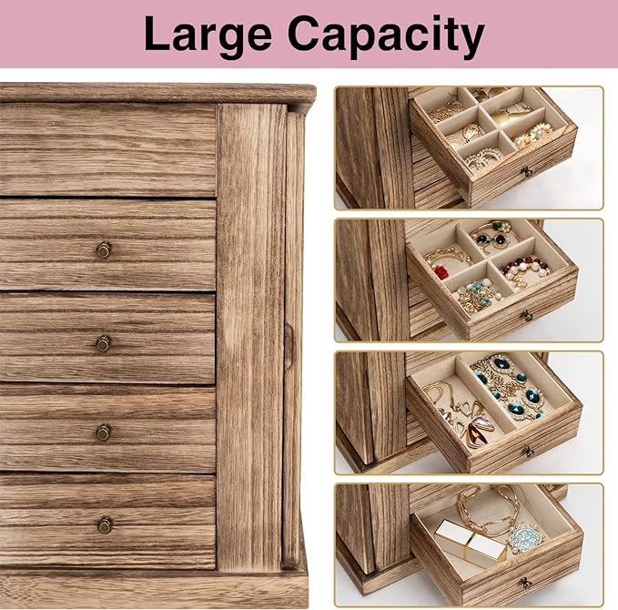 Emfogo Jewelry Box for Women, 5 Layer Large Wood Boxes & Organizers for Necklaces Earrings Rings Bracelets, Rustic Organizer with Drawers and Mirror(Carbonized Black)