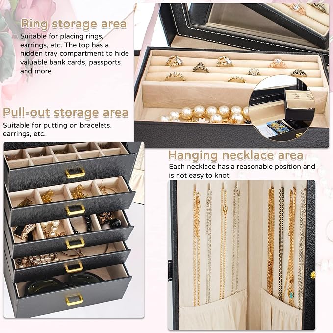 AKOZLIN 6-Tier Jewelry Box Organizer Functional 5 Drawers Leather Jewelry Storage Case for Women Girls Ring Necklace Earring Bracelet Holder Organizer with Mirror Extra Large Black
