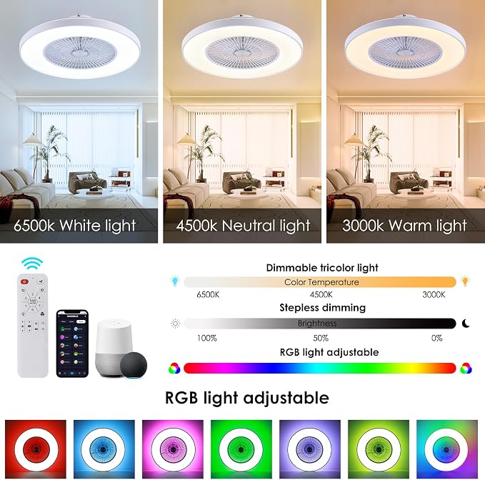 24" Bladeless Ceiling Fans with Lights and Remote/APP/Voice Control, Low Profile Ceiling Fan with RGB Lights, Enclosed Flush Mount Ceiling Fan for Kid's Bedroom/Living Room