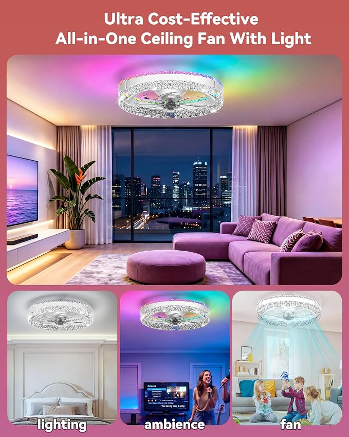RGB Low Profile Ceiling Fan with Lights, Ceiling Fans with Lights and Remote, 3000-6500K Dimmable Modern Flush Mount LED Fan Lights, 6 Wind Speeds Ceiling Fans for Bedroom(White-Cream)