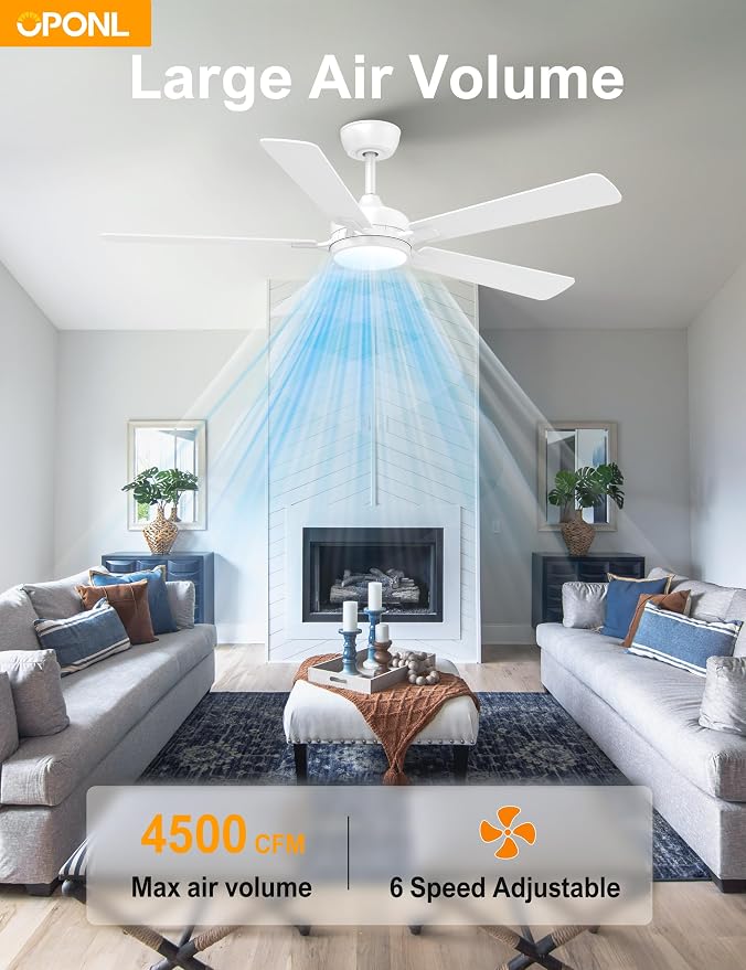OPONL Ceiling Fan with Light, Ceiling fan with Light and Remote Control, Reversible, 6CCT, Dimmable, Noiseless, Ceiling Fan for Bedroom, Indoor/Outdoor Use, White, 52 inch, Classic