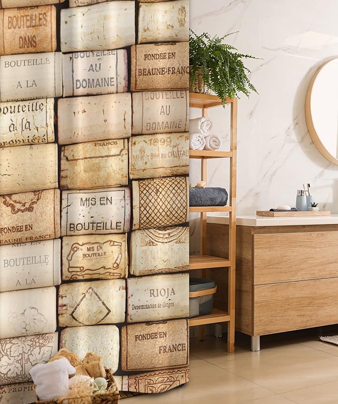 Ambesonne Winery Stall Shower Curtain, Different Wine Corks Arranged in a Line French Aged Fine Wine Art Print, Fabric Bathroom Decor Set with Hooks, 36" W x 72" L, Ivory Brown