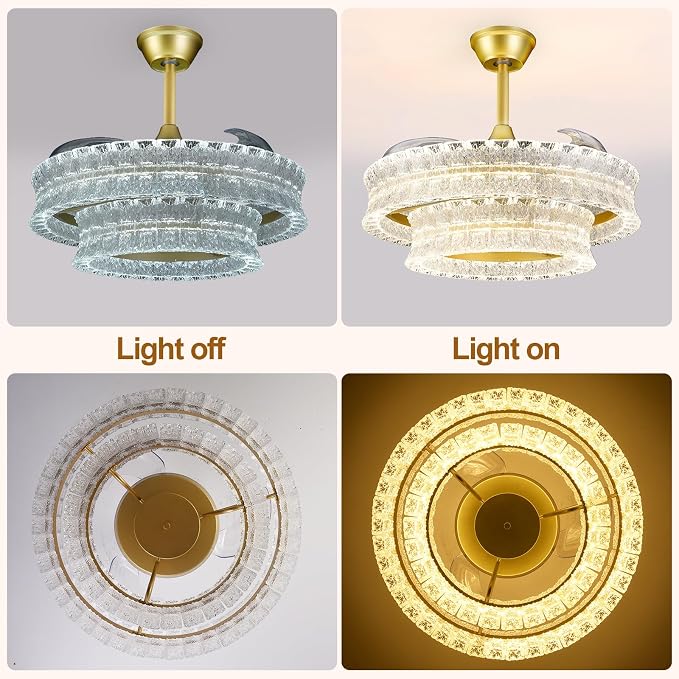 Depuley Crystal Ceiling Fans with Lights: 24" Gold Cagd Fan with Remote Control - Fandelier Fan Light for Girl's Bedroom Living Room Nursery