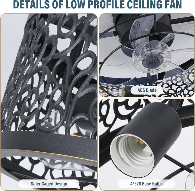 COCOSTAR Caged Ceiling Fan with Light Flush Mount Farmhouse Black Fandelier | Remote/APP,Low Profile,Enclosed,Bladeless,Quiet,20" Rustic Light Fixture with Fan for Kitchen Bedroom Living Room Dining Room