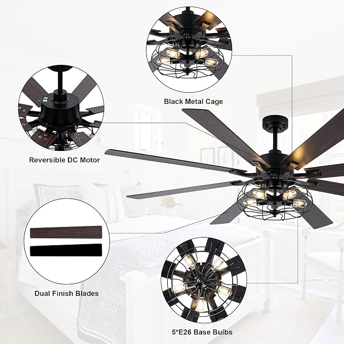 72" Farmhouse Ceiling Fan with Light Industrial Caged Ceiling Fan | Large Rustic Fandelier, Black Metal Chandelier Light for Living Room Covered Outdoor, 5 E26 Bulbs (Not Included), 6 Speeds