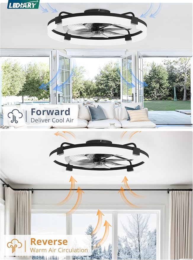 LEDIARY 24" Ceiling Fans with Lights and Remote, Modern Low Profile Ceiling Fan, 3 CCT, Stepless Dimmable, Fandelier Flush Mount Fan Light, 6 Speeds, DC Motor, App & Remote Control for Bedroom(Black)
