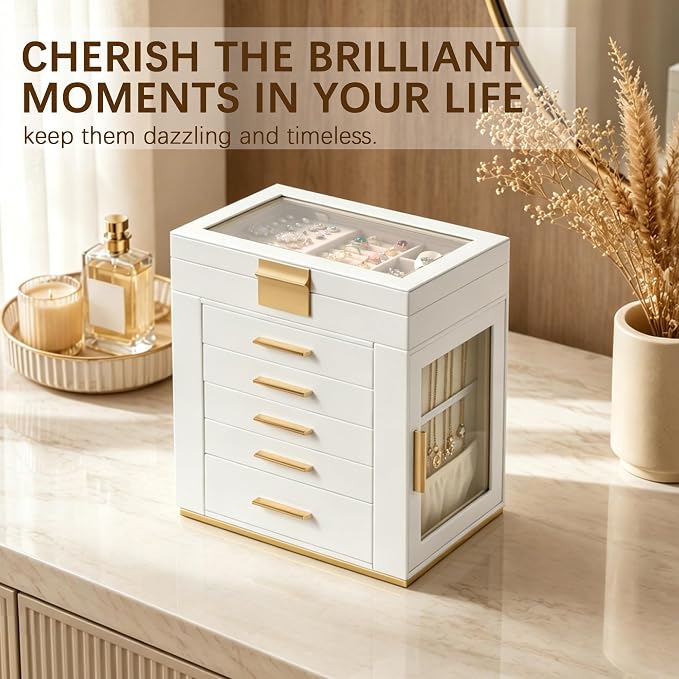 Homeanda 6-Layer Jewelry Boxes for Women, Large PU Leather Storage Organizer with 5 Drawers Glass Lid Case for Rings Necklaces Earrings Bracelets Watches, Gift for Wife and Girls (White)