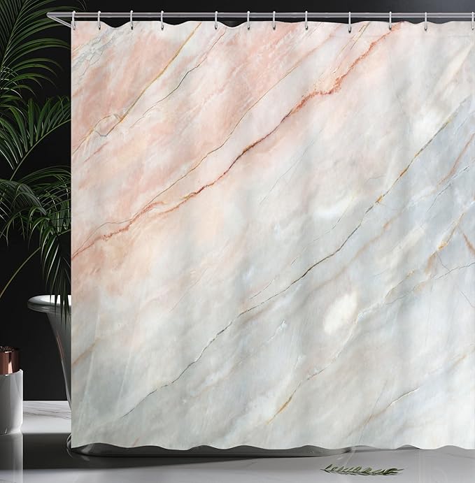 Ambesonne Marble Print Shower Curtain, Onyx Stone Textured Natural Style Featured Scratches Illustration, Cloth Fabric Bathroom Decor Set with Hooks, 69" W x 75" L, Peach Grey