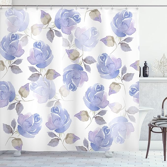 Ambesonne Rose Shower Curtain, Faint Watercolor Swirling Roses Botanical Female Novelty Wonders Art of Mother Earth, Cloth Fabric Bathroom Decor Set with Hooks, 69" W x 70" L, Eggshell Blue