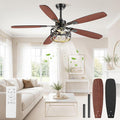 Ceiling Fans with Lights and Remote, 52'' Vintage Caged Ceiling Fan with Light, 5 Blades, 6+1 Speed, Flush Mount Ceiling Fan Whisper-quiet for Farmhouse, Living Room, Kitchen and Porch (52 Inch)