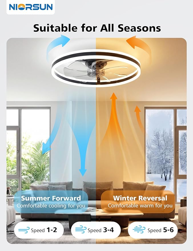 NIORSUN RGB Ceiling Fans with Lights and Remote, Modern Smart LED Ceiling Fans Light, 6 Speeds & 3000K-6500K Dimmable, Quiet Bladeless Fandelier Ceiling Fan with Light for Bedroom(24Inch, Black)