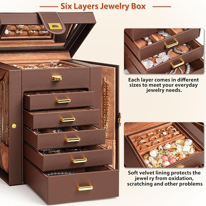 AKOZLIN 6-Tier Jewelry Box Organizer Functional 5 Drawers Leather Jewelry Storage Case for Women Girls Ring Necklace Earring Bracelet Holder Organizer with Mirror Brown Regular