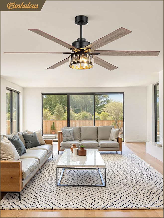 Fanbulous 65 Inch Farmhouse Crystal Ceiling Fan with Lights and Remote, Chandelier Ceiling Fan with Quiet Reversible DC Motor, Wood Blades - Ideal for Bedroom