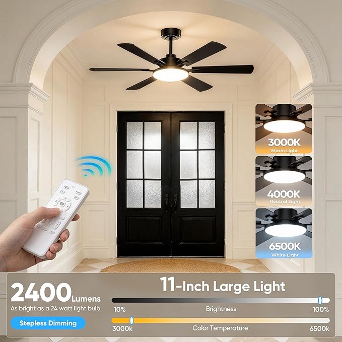 52 Inch Ceiling Fans with Lights, 6 Double Sided Blades, Ultra Quiet Reversible DC Motor, Remote & APP Control, 6 Speeds, 3CCT Dimmable LED with Memory Function, Downrod Mount for Living Room, Black