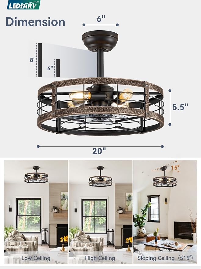LEDIARY 20 Inch Fandelier Caged Ceiling Fan with Light, Bladeless Ceiling Fan with Remote, Small Farmhouse Fan Lights Ceiling Fixtures for Kitchen, Bedroom-Black and Gold