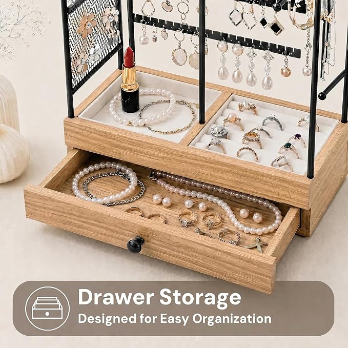 Jewelry Holder, Jewelry Storage Organizer Stand with Velvet Tray & Drawer, Earring Holder & Necklace Display, Multi-section Storage for Necklace, Earrings, Rings, Bracelets, Watches, Gift Idea