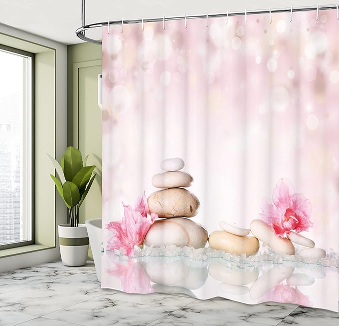 Ambesonne Spa Shower Curtain, Bohemian Stones and Soft Petals Therapy Tradition Yoga Picture, Cloth Fabric Bathroom Decor Set with Hooks, 69" W x 75" L, Pale Pink Peach
