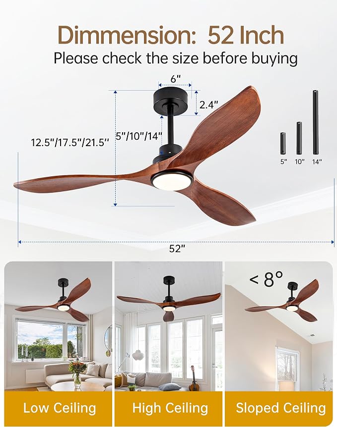 52 Inch Solid Wood Ceiling Fans with Lights and Remote, 3 Blade Walnut Outdoor Ceiling Fans with Wall Control, Dimmable, 6 Speeds, Quiet DC Motor for Bedroom/Patios/Farmhouse/Living Room