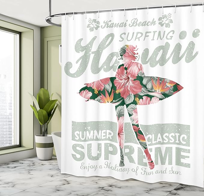 Ambesonne Hawaiian Shower Curtain, Tropical Hawaii Hibiscus Surfing Girl Silhouette Surfboard Retro Themed Artprint, Cloth Fabric Bathroom Decor Set with Hooks, 69" W x 75" L, Fuchsia Green