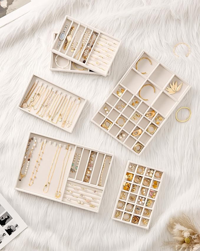 Lolalet Jewelry Drawer Organizer Inserts, Stackable Velvet Tray Jewelry Storage Organizers Set Display Cases for Necklaces Bracelets Earrings Rings Chains Bangles Watches, Beige, Set of 4