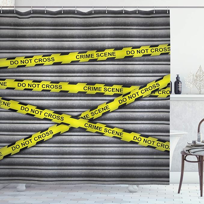 Ambesonne Police Shower Curtain, Crime Scene Investigation Do Not Pass Yellow Wraps Words Work of Art Print, Cloth Fabric Bathroom Decor Set with Hooks, 69" W x 70" L, Yellow Black Grey