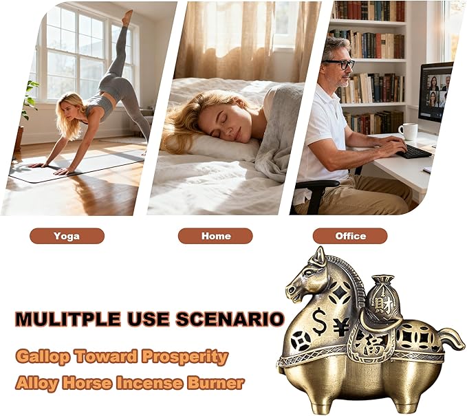 Gallop Toward Prosperity: Alloy Horse Incense Burner Holder-2-in-1 Stick & Coil Incense Tray,Feng Shui Home Decor for Meditation,Yoga,Office (Small)